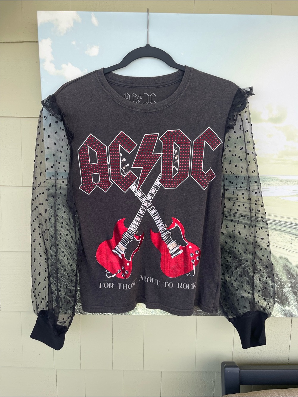 AC/DC Black Graphic T-Shirt with Red Guitar Print and Sheer Polka Dot Sleeves